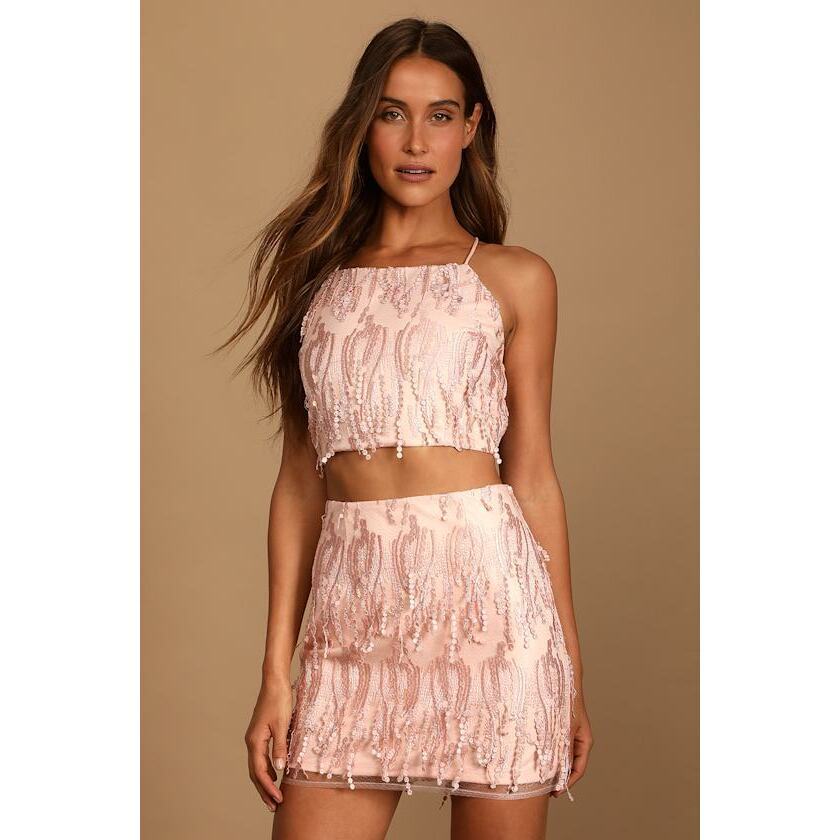 Lulus Dancing In A Dream Blush Fringe Lace-Up Two-Piece Mini Dress Pink - Size L
